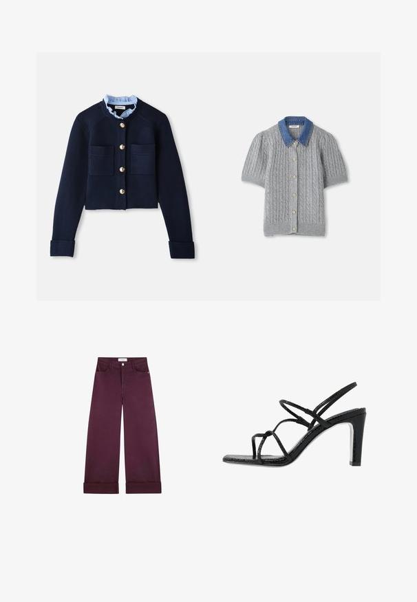 Granatowy krótki kardigan z dwiema przednimi kieszeniami, złotymi guzikami i jasnoniebieską falbanką. Wykonany z materiału o prążkowanej fakturze.; Szary, dzianinowy kardigan na krótki rękaw z wzorem w warkocze, z denimu kołnierzem i pięcioma złotymi guzikami z przodu.; Spodnie o szerokich nogawkach w głębokim burgundowym denimu, z przednimi kieszeniami, zapięciem na guzik i podwiniętymi mankietami dla dodatkowego akcentu.; Czarne sandały na obcasie z cienkimi paskami, teksturowanym wykończeniem, otwartym palcem oraz eleganckim, spiczastym kształtem obcasa. Posiadają gładką wkładkę oraz błyszczącą powierzchnię.