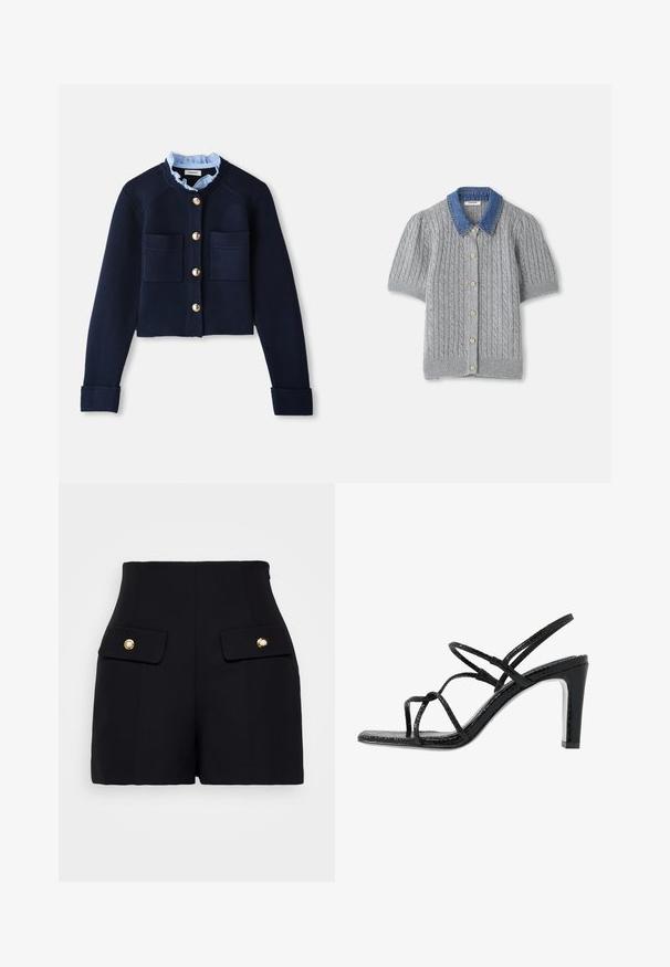 Marineblå, kort cardigan med to frontlommer, gullknapper og en lyseblå volangkrage. Laget av ribbestrikket materiale.; Grå strikket kortermet cardigan med kabelmønster, med en denimkrage og fem gullknapper foran.; sandro Shorts - noir; Svarte hæler med tynne stropper, teksturert finish, åpen tå og et glatt, spisst hældesign. Har en myk innersåle og en blank overflate.