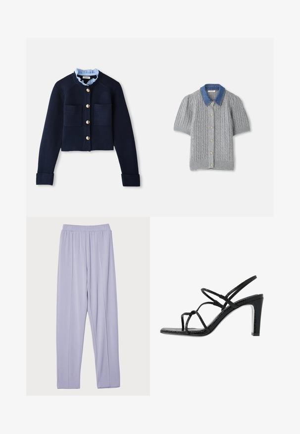 Marineblå cropped cardigan med to forlommer, guldfarvede knapper og en lyseblå flæsekrave. Fremstillet af ribbestrikket materiale.; Grå strikket kortærmet cardigan med et kabelmønster, som har en denimkrave og fem guldknapper foran.; Lyse lilla, elastisk talje, løst siddende bukser med en glat tekstur og sidelæg. Designet til komfort og bevægelsesfrihed.; Sorte hælede sandaler med tynde stropper, en tekstureret overflade, åben tå og et slankt, spidst hældesign. Har en glat indersål og en skinnende overflade.