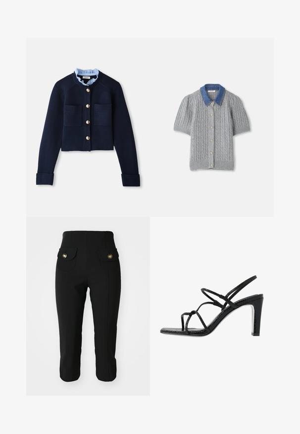 Mornarska skrajšana jopica z dvema sprednjima žepoma, zlatimi gumbi in svetlo modrim nabranim ovratnikom. Narejena je iz rebrastega materiala.; Sivkasto pleteno kratkotrajno jopič s kabelnim vzorcem, ki vsebuje nahrbtnik iz jeansa in pet zlatih gumbov spredaj.; Črne ožje hlače s dvema sprednjima žepoma z zlatimi gumbi, gladka tekstura in krajša dolžina. Klasična zasnova za vsestransko nošenje.; Črne sandale s peto z tankimi trakovi, teksturirano površino, odprto prst in eleganten, koničast peto. Imajo gladko podplat in sijočo površino.