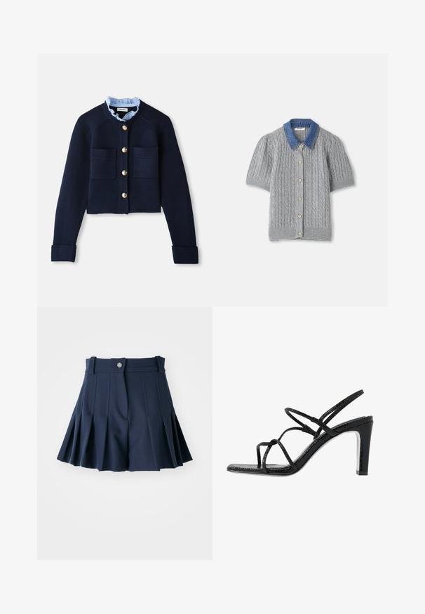 Námornícky skrátený kardigán s dvoma prednými vreckami, zlatými gombíkmi a svetlomodrým volánikovým golierom. Vyrobený z materiálu s rebrovanou textúrou.; Sivý pletený cardigan s krátkym rukávom, zdobený káblovým vzorom, s džínsovým golierom a piatimi zlatými gombíkmi na prednej strane.; Námornícke plisované šortky so širokým pásom, s predným gombíkom a prispôsobeným strihom. Vyrobené z hladkej tkaniny, vhodné na každodenné nosenie.; Čierne sandále na podpätku s tenkými pásikmi, štruktúrovaným povrchom, otvorenou špičkou a elegantným, špicatým dizajnom podpätku. Majú hladkú stélku a lesklý povrch.