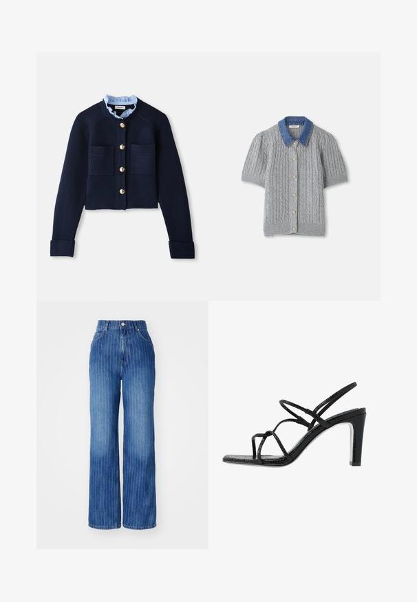Jūrų mėlynos spalvos trumpas kardiganas su dviem priekinėmis kišenėmis, auksiniais mygtukais ir šviesiai mėlynu volaniniu apykakle. Pagamintas iš raukšlėtos tekstūros medžiagos.; Pilkas megztas trumpomis rankovėmis kardiganas su pynimo raštu, turintis džinsinį apykaklę ir penkis auksinius mygtukus priekyje.; Mėlynos džinsinės plačios kojos kelnės su vertikaliomis baltomis juostelėmis, aukštu liemeniu ir penkių kišenių dizainu, su sagčių ir užtrauktuko uždarymu.; Juodi aukšti sandalai su plonomis dirželėmis, tekstūruotu paviršiumi, atvira kojų pirštų dalimi ir elegantišku, smailiu kulnu. Yra lygus įdėklas ir blizgus paviršius.