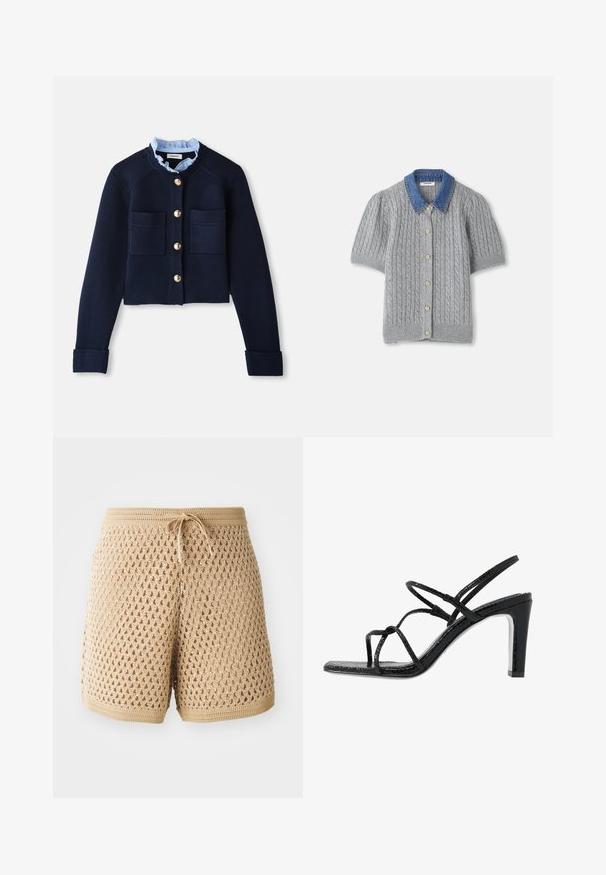 Navy cropped cardigan with two front pockets, gold buttons, and a light blue ruffled collar. Made of ribbed texture material.; Gray knitted short-sleeve cardigan with a cable pattern, featuring a denim collar and five gold buttons down the front.; Beige crochet shorts with an intricate diamond pattern, drawstring waist, and ribbed edges. Lightweight and breathable fabric.; Black heeled sandals with thin straps, a textured finish, open toe, and a sleek, pointed heel design. Features a smooth insole and a shiny surface.