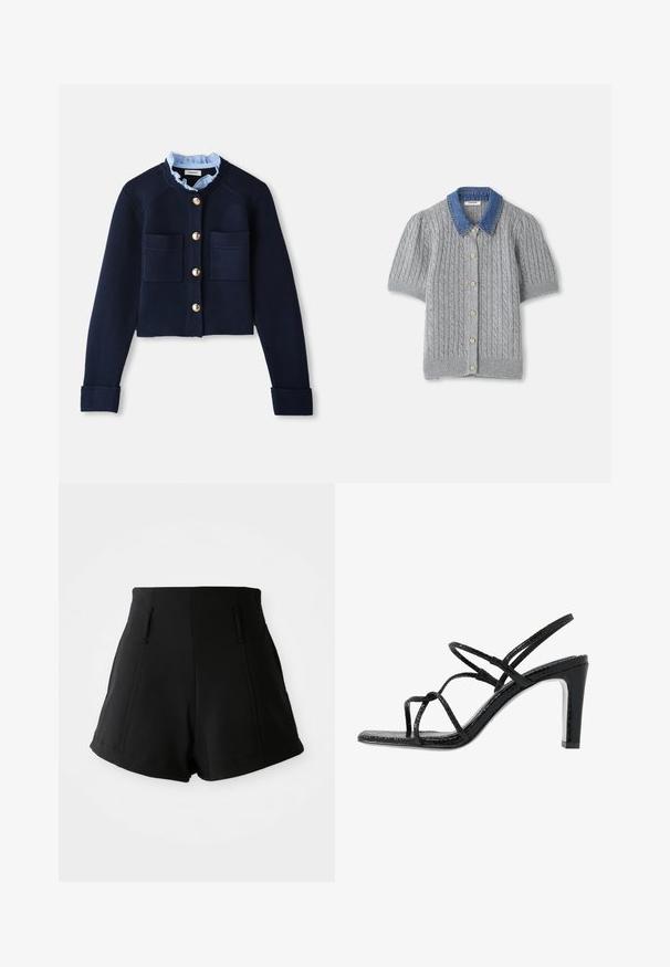 Cardigan croppato blu navy con due tasche frontali, bottoni dorati e colletto arricciato azzurro chiaro. Realizzato in materiale a coste.; Cardigan corto grigio a maniche corte lavorato a maglia con motivo a treccia, dotato di un colletto in denim e cinque bottoni dorati sul davanti.; Pantaloni corti neri a vita alta realizzati in tessuto liscio, con due tasche anteriori, una vestibilità sartoriale e linee pulite e semplici.; Sandali neri con tacco alto, dotati di sottili cinturini, finitura testurizzata, punta aperta e un design elegante con tacco affusolato. Presentano una soletta morbida e una superficie lucida.