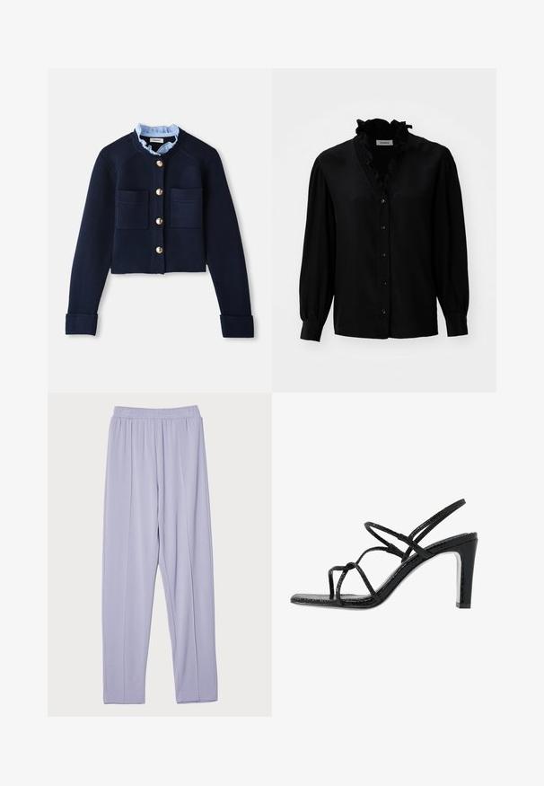 Marineblå cropped cardigan med to forlommer, guldfarvede knapper og en lyseblå flæsekrave. Fremstillet af ribbestrikket materiale.; Sort bluse med en ruffled V-hals, lange puffærmer og knaplukning. Fremstillet af glat stof med en let glans.; Lyse lilla, elastisk talje, løst siddende bukser med en glat tekstur og sidelæg. Designet til komfort og bevægelsesfrihed.; Sorte hælede sandaler med tynde stropper, en tekstureret overflade, åben tå og et slankt, spidst hældesign. Har en glat indersål og en skinnende overflade.