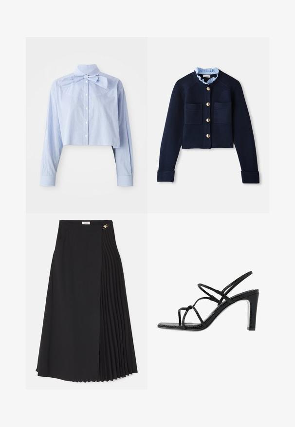 Navy cropped cardigan with two front pockets, gold buttons, and a light blue ruffled collar. Made of ribbed texture material.; Light blue and white small check cropped blouse with long sleeves, button front, high collar, and large bow tie detail.; Black midi skirt featuring a pleated design on one side, crafted from lightweight fabric with a concealed zipper and side pockets.; Black heeled sandals with thin straps, a textured finish, open toe, and a sleek, pointed heel design. Features a smooth insole and a shiny surface.