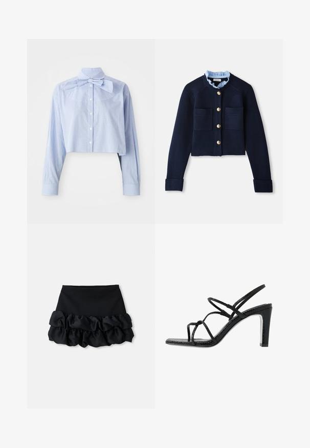 Cardigan croppato blu navy con due tasche frontali, bottoni dorati e colletto arricciato azzurro chiaro. Realizzato in materiale a coste.; Blusa corta a maniche lunghe a quadretti azzurri e bianchi, con apertura a bottoni, colletto alto e grande dettaglio con fiocco.; Gonna mini nera con una parte superiore aderente e tre strati di tessuto arricciato nella parte inferiore, con una consistenza liscia e linee pulite.; Sandali neri con tacco alto, dotati di sottili cinturini, finitura testurizzata, punta aperta e un design elegante con tacco affusolato. Presentano una soletta morbida e una superficie lucida.