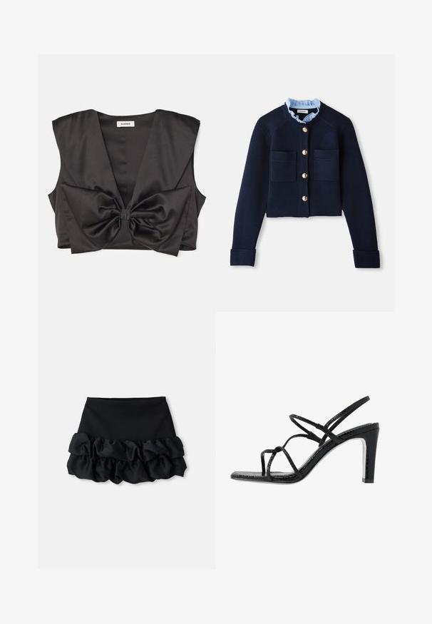 Námořnický zkrácený cardigan se dvěma předními kapsami, zlatými knoflíky a světlomodrou volánkovou obojicí. Vyrobeno z materiálu s žebrovanou strukturou.; sandro PASSY - Top - noir; Černá mini sukně s upnutým topem a třemi vrstvami volánkového materiálu na spodní části, s hladkou texturou a čistými liniemi.; Černé sandály na podpatku s tenkými pásky, strukturovaným povrchem, otevřenou špičkou a elegantním, špičatým designem podpatku. Obsahují hladkou stélku a lesklý povrch.
