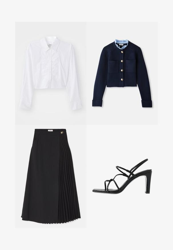 Granatowy krótki kardigan z dwiema przednimi kieszeniami, złotymi guzikami i jasnoniebieską falbanką. Wykonany z materiału o prążkowanej fakturze.; Krótką białą koszulę wykonaną z gładkiej bawełny, z przodu z falbaną, z kołnierzykiem w kształcie szpica oraz długimi rękawami z zapięciem na guziki.; Czarna spódnica midi z fałdami po jednej stronie, wykonana z lekkiego materiału, z ukrytym zamkiem błyskawicznym i bocznymi kieszeniami.; Czarne sandały na obcasie z cienkimi paskami, teksturowanym wykończeniem, otwartym palcem oraz eleganckim, spiczastym kształtem obcasa. Posiadają gładką wkładkę oraz błyszczącą powierzchnię.