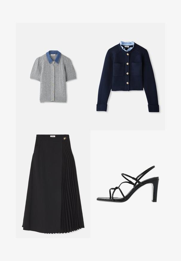 Marineblå, kort cardigan med to frontlommer, gullknapper og en lyseblå volangkrage. Laget av ribbestrikket materiale.; Grå strikket kortermet cardigan med kabelmønster, med en denimkrage og fem gullknapper foran.; Svart midiskjørt med plisserte detaljer på den ene siden, laget av lett stoff med skjult glidelås og sidelommer.; Svarte hæler med tynne stropper, teksturert finish, åpen tå og et glatt, spisst hældesign. Har en myk innersåle og en blank overflate.