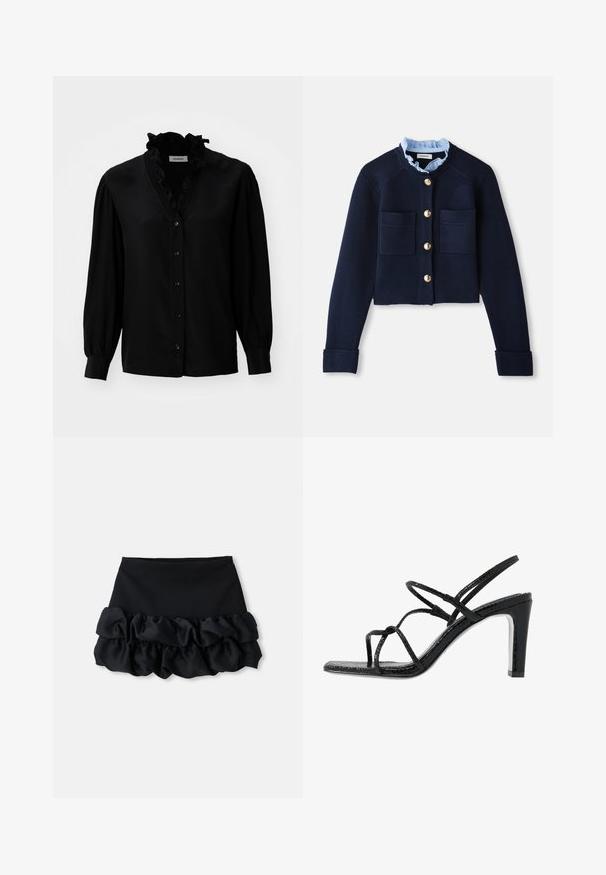 Marineblauwe korte cardigan met twee voorkruiszakken, gouden knopen en een lichtblauwe gerimpelde kraag. Gemaakt van ribbelstof.; Zwarte blouse met een gerimpelde V-hals, lange puff sleeves en knoopsluiting. Gemaakt van een soepele stof met een lichte glans.; Zwarte mini-jurk met een aansluitende top en drie lagen ruches aan de onderkant, met een gladde textuur en strakke lijnen.; Zwarte hoge sandalen met dunne banden, een gestructureerde afwerking, open teen en een slank, puntig hakontwerp. Beschikt over een gladde inlegzool en een glanzend oppervlak.