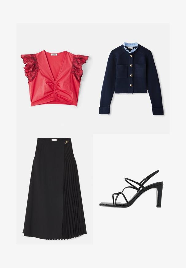Navy cropped cardigan dengan dua kantong depan, kancing emas, dan kerah berkelah light blue. Terbuat dari bahan tekstur ribbed.; Puna punainen crop-top, jossa on syvä V-niska, rypsytetty keskikohta ja lyhyet röyhelöhihet mustilla kukkakoristeilla. Sujuva kangas.; Mustapleidi hame, jossa on laskostettu muotoilu yhdellä puolella, valmistettu kevyestä kankaasta, ja siinä on piilotettu vetoketju sekä sivutaskut.; Mustat korkokengät avonaisilla varpailla, ohuilla remmeillä, teksturoidulla pinnalla ja tyylikkäällä, teräväkärkisellä korolla. Sisältää sileän sisäpohjan ja kiiltävän pinnan.