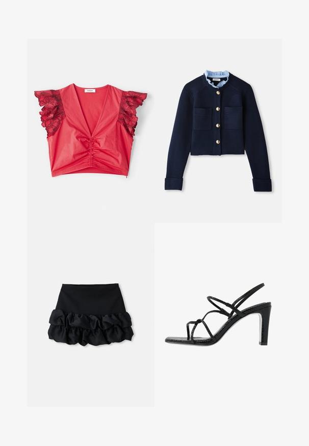 Cardigan scurt de culoare bleumarin, cu două buzunare frontale, nasturi aurii și o guler cu volane de culoare albastră deschisă. Fabricat dintr-un material cu textură ribbed.; Top roșu scurt cu un decolteu adânc în V, cu un centru gathered și mâneci scurte cu volane, decorate cu dantele florale negre. Textură de material neted.; Fustă mini neagră cu un top ajustat și trei straturi de material plisat în partea de jos, având o textură netedă și linii curate.; Sandale negre cu toc, cu barete subțiri, finisaj texturat, vârful deschis și un design elegant al tocului ascuțit. Au o talpă interioară netedă și o suprafață strălucitoare.