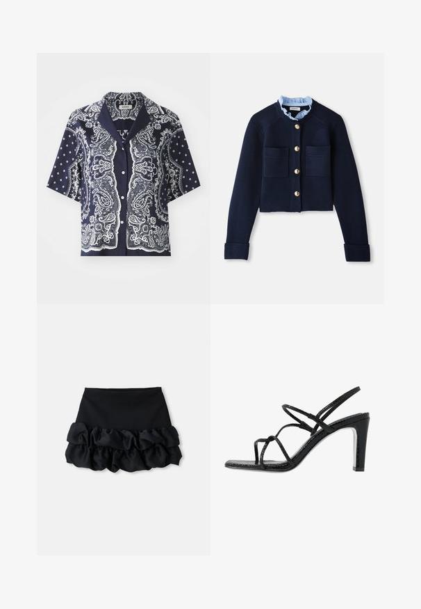 Cardigan scurt de culoare bleumarin, cu două buzunare frontale, nasturi aurii și o guler cu volane de culoare albastră deschisă. Fabricat dintr-un material cu textură ribbed.; sandro RECOUPE - Cămașă - bleu/blanc; Fustă mini neagră cu un top ajustat și trei straturi de material plisat în partea de jos, având o textură netedă și linii curate.; Sandale negre cu toc, cu barete subțiri, finisaj texturat, vârful deschis și un design elegant al tocului ascuțit. Au o talpă interioară netedă și o suprafață strălucitoare.