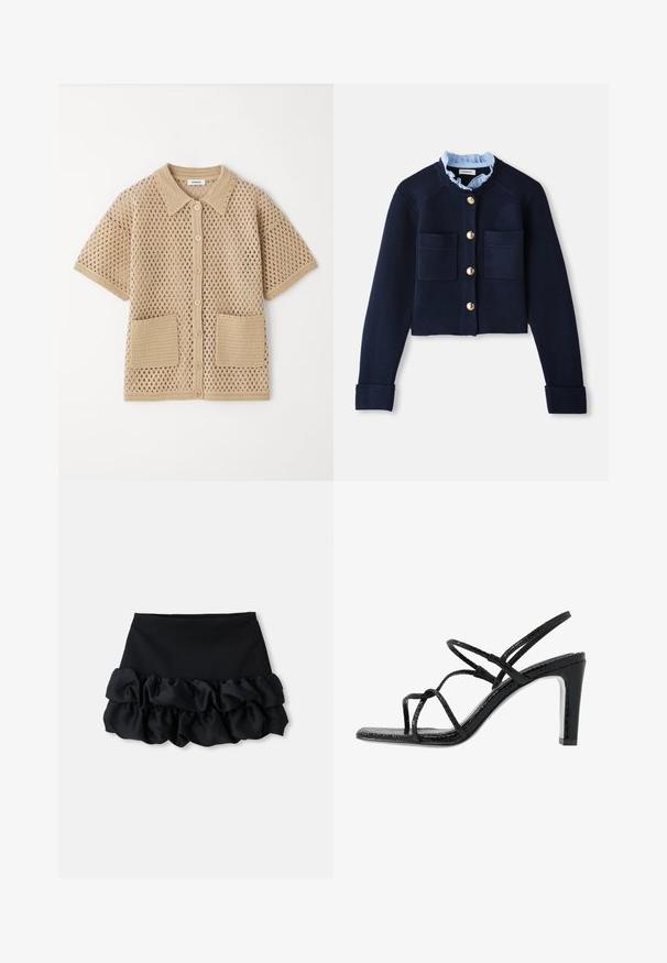 Námornícky skrátený kardigán s dvoma prednými vreckami, zlatými gombíkmi a svetlomodrým volánikovým golierom. Vyrobený z materiálu s rebrovanou textúrou.; sandro Blúzka so zapínaním na gombíky - sable; Čierna mini sukňa s priliehavým topom a tromi vrstvami volánikovej textílie na spodnej časti, s hladkou štruktúrou a čistými líniami.; Čierne sandále na podpätku s tenkými pásikmi, štruktúrovaným povrchom, otvorenou špičkou a elegantným, špicatým dizajnom podpätku. Majú hladkú stélku a lesklý povrch.