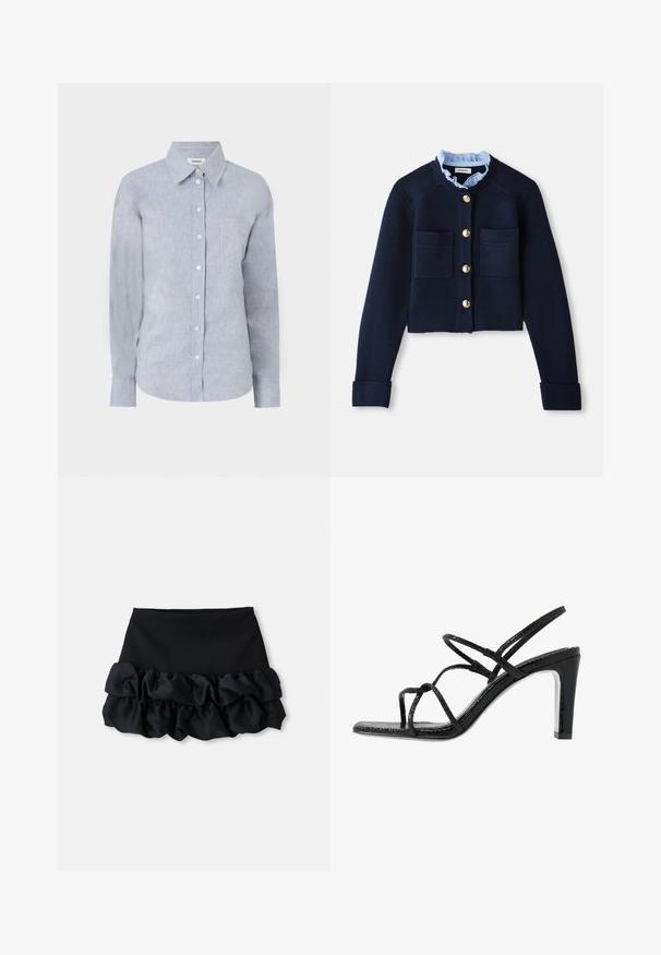 Cardigan croppato blu navy con due tasche frontali, bottoni dorati e colletto arricciato azzurro chiaro. Realizzato in materiale a coste.; Camicia button-up blu chiaro in un tessuto testurizzato, con colletto classico, maniche lunghe e una singola tasca sul petto.; Gonna mini nera con una parte superiore aderente e tre strati di tessuto arricciato nella parte inferiore, con una consistenza liscia e linee pulite.; Sandali neri con tacco alto, dotati di sottili cinturini, finitura testurizzata, punta aperta e un design elegante con tacco affusolato. Presentano una soletta morbida e una superficie lucida.