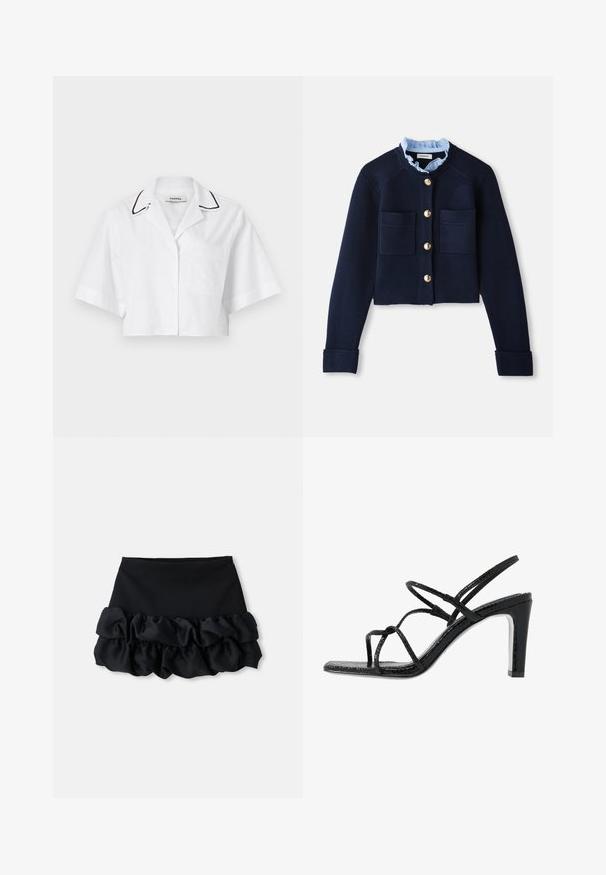 Marineblå cropped cardigan med to forlommer, guldfarvede knapper og en lyseblå flæsekrave. Fremstillet af ribbestrikket materiale.; Hvid cropped skjorte med korte ærmer, knaplukning, brystlomme og sorte detaljer langs kraven. Fremstillet af let og åndbart stof.; Sort mini-skjorte med en tætsiddende top og tre lag af flæser nederst, med en glat tekstur og rene linjer.; Sorte hælede sandaler med tynde stropper, en tekstureret overflade, åben tå og et slankt, spidst hældesign. Har en glat indersål og en skinnende overflade.