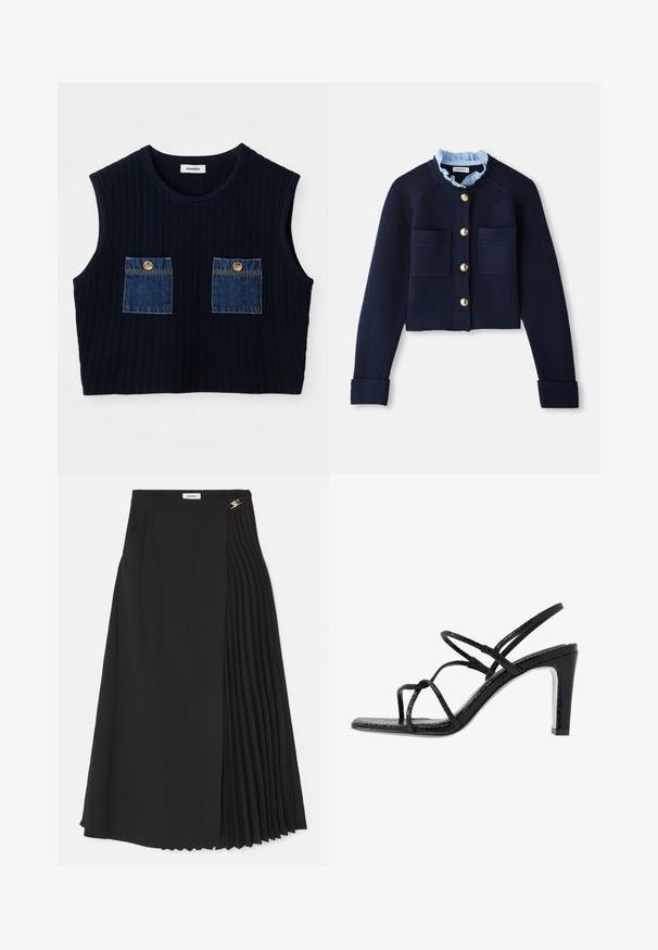 Sötétkék cropped kardigán, két elülső zsebbel, arany gombokkal és világoskék, fodros gallérral. Bordás textúrájú anyagból készült.; Sötétkék, bordázott, ujjatlan felső, két denim foltvarrással, arany gombokkal. Kerek nyakszívás és rövidített fazon.; Fekete midi szoknya, amelynek egyik oldala pliszézett, könnyű anyagból készült, rejtett cipzárral és oldalsó zsebekkel.; Fekete magassarkú szandál vékony pántokkal, texturált felsőrésszel, nyitott orral és karcsú, hegyes sarkú kialakítással. Simább talpbélével és fényes felületével rendelkezik.