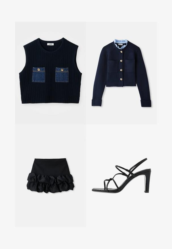 Marineblå, kort cardigan med to frontlommer, gullknapper og en lyseblå volangkrage. Laget av ribbestrikket materiale.; Mørkeblå ribbestrikket ermeløs topp med to denim-lapper foran med gullknapper. Rund hals og cropped design.; Svart mini-skjørt med et tettsittende topp og tre lag med volanger nederst, med en jevn tekstur og rene linjer.; Svarte hæler med tynne stropper, teksturert finish, åpen tå og et glatt, spisst hældesign. Har en myk innersåle og en blank overflate.