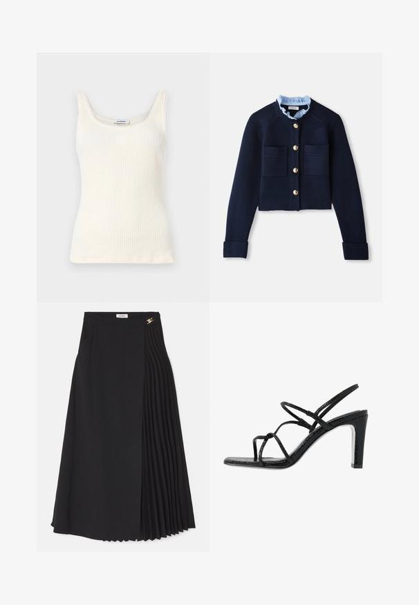 Marinefarbener, kurz geschnittener Cardigan mit zwei Fronttaschen, goldenen Knöpfen und einem hellblauen Rüschensaum. Aus geripptem Material gefertigt.; Cremfarbener Rippentop mit Rundhalsausschnitt, schmalen Trägern und kleinem Logo auf der Vorderseite. Weiche Textur, figurbetonte Silhouette und gerader Saum.; Schwarze Midirock mit Plissee-Design auf einer Seite, aus leichtem Stoff gefertigt, mit unsichtbarem Reißverschluss und Seitentaschen.; Schwarze Absatzsandalen mit dünnen Riemen, strukturiertem Finish, offener Zehenpartie und einem eleganten, spitzen Absatzdesign. Verfügt über eine glatte Innensohle und eine glänzende Oberfläche.