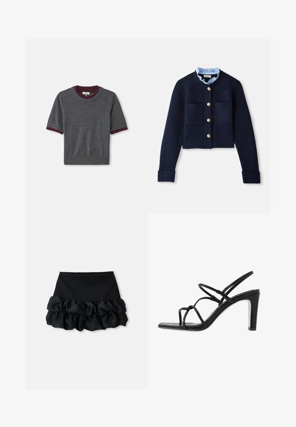 Marinefarbener, kurz geschnittener Cardigan mit zwei Fronttaschen, goldenen Knöpfen und einem hellblauen Rüschensaum. Aus geripptem Material gefertigt.; Grauer kurzärmeliger Pullover mit einem weinroten gerippten Kragen und Ärmelsäumen; aus weichem Stoff mit taillierter Passform und leichter Textur.; Schwarzer Minirock mit tailliertem Oberteil und drei Lagen aus gerafftem Stoff am Saum, mit glatter Textur und klaren Linien.; Schwarze Absatzsandalen mit dünnen Riemen, strukturiertem Finish, offener Zehenpartie und einem eleganten, spitzen Absatzdesign. Verfügt über eine glatte Innensohle und eine glänzende Oberfläche.