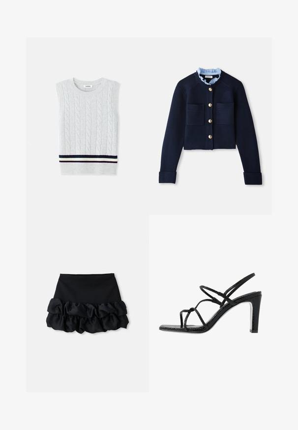 Granatowy krótki kardigan z dwiema przednimi kieszeniami, złotymi guzikami i jasnoniebieską falbanką. Wykonany z materiału o prążkowanej fakturze.; Jasnoszary, bezrękawnik z wzorem w warkocze i paskowanym ściągaczem w kolorach granatowym, zielonym i kremowym. Miękka faktura.; Czarna mini spódnica z dopasowanym topem i trzema warstwami falban u dołu, o gładkiej teksturze i prostych liniach.; Czarne sandały na obcasie z cienkimi paskami, teksturowanym wykończeniem, otwartym palcem oraz eleganckim, spiczastym kształtem obcasa. Posiadają gładką wkładkę oraz błyszczącą powierzchnię.
