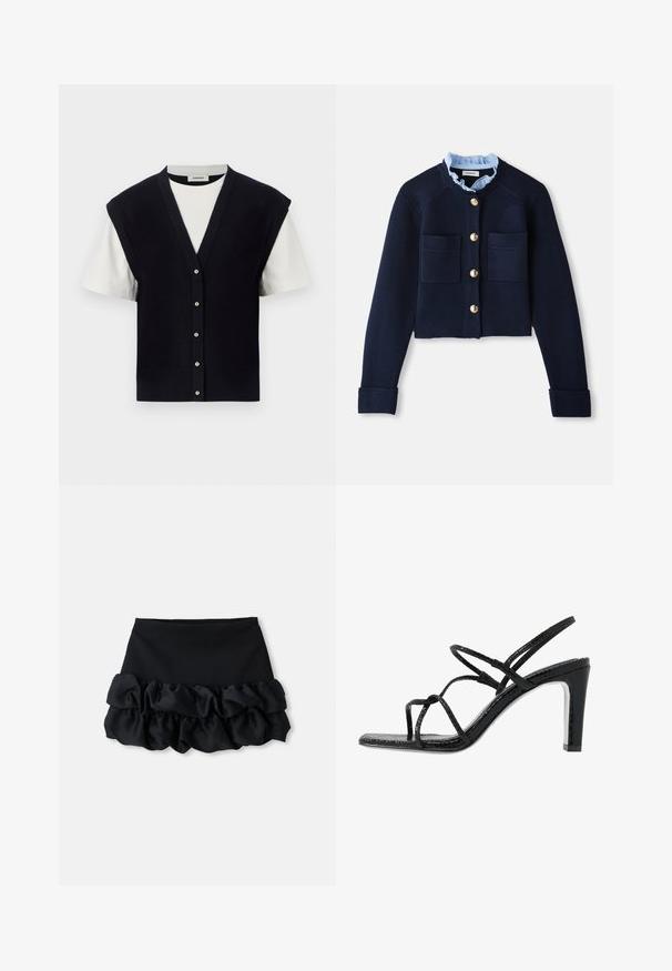 Jūras spēku stilā īss kardigāns ar divām priekšējām kabatām, zelta pogām un gaiši zilu kraukšķīgu apkakli. Izgatavots no ribotas tekstūras materiāla.; sandro JONAS - Apdrukāts T-krekls - noir; Melnā mini svārki ar piegulīgu augšu un trim ruffles slāņiem apakšā, ar gludu tekstūru un tīrām līnijām.; Melnas papēžu siksniņas ar plānām siksnām, teksturētu apdari, atvērtu purngalu un elegantu, smailu papēdi. Iezīmē gludu iekšējo daļu un spīguļojošu virsmu.