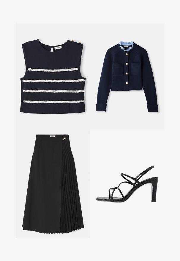 Cárdigan corto azul marino con dos bolsillos frontales, botones dorados y un cuello con volantes en azul claro. Fabricado en material de textura acanalada.; Top sin mangas azul marino con rayas horizontales blancas hechas de adornos de cuentas, con una abertura en la parte posterior en forma de llave y botones dorados decorativos.; Falda midi negra con un diseño plisado en un lado, elaborada en una tela ligera con cremallera oculta y bolsillos laterales.; Sandalias de tacón negro con cintas finas, un acabado texturizado, punta abierta y un diseño de tacón afilado y elegante. Presenta una plantilla suave y una superficie brillante.