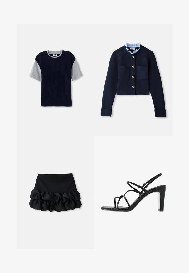 Tumesinine lühike kardigan kahe eesoleva tasku, kuldsete nuppude ja helesinise rüüdatud kraega. Valmistatud ribakudumist.; Tumedast sinine kudum, hallide lühikeste varrukatega, ümar kaelus ja sooniline tekstuur. Omab kontrastseid värve kihilise kujundusega.; Mustmust valge mini-seelik, millel on sobituv ülemine osa ja kolm kihti volangidega kangast allosas, sujuva tekstuuri ja puhaste joontega.; Mustad mustekad jalanõud õhukeste rihmadega, tekstuuritud pinnaga, avatud varba ja libiseva, terava kontsaga disain. Omab sileda sisesooli ja läikivat pinda.