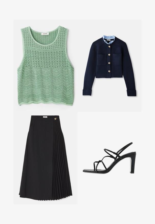 Cardigan croppato blu navy con due tasche frontali, bottoni dorati e colletto arricciato azzurro chiaro. Realizzato in materiale a coste.; Top senza maniche di colore verde lavorato a maglia, con un motivo a onde testurizzato, caratterizzato da un scollo rotondo e orlo dritto. Etichetta: Sandro.; Gonna midi nera con design a pieghe su un lato, realizzata in tessuto leggero con zip nascosta e tasche laterali.; Sandali neri con tacco alto, dotati di sottili cinturini, finitura testurizzata, punta aperta e un design elegante con tacco affusolato. Presentano una soletta morbida e una superficie lucida.
