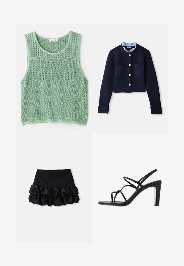 Marineblå cropped cardigan med to forlommer, guldfarvede knapper og en lyseblå flæsekrave. Fremstillet af ribbestrikket materiale.; Grøn strikket ærmeløs bluse med et struktureret bølgemønster, der har en rund halsudskæring og lige kant. Mærke: Sandro.; Sort mini-skjorte med en tætsiddende top og tre lag af flæser nederst, med en glat tekstur og rene linjer.; Sorte hælede sandaler med tynde stropper, en tekstureret overflade, åben tå og et slankt, spidst hældesign. Har en glat indersål og en skinnende overflade.
