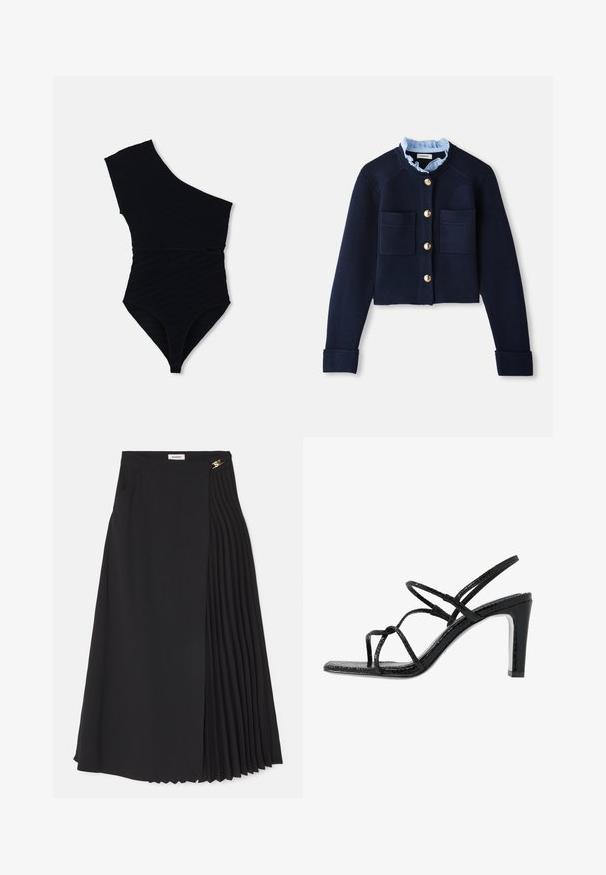Navy cropped cardigan with two front pockets, gold buttons, and a light blue ruffled collar. Made of ribbed texture material.; Black one-piece swimsuit with a one-shoulder design, textured ribbed fabric, high-cut legs, and a fitted silhouette.; Gray knitted short-sleeve cardigan with a cable pattern, featuring a denim collar and five gold buttons down the front.; Black midi skirt featuring a pleated design on one side, crafted from lightweight fabric with a concealed zipper and side pockets.; Black heeled sandals with thin straps, a textured finish, open toe, and a sleek, pointed heel design. Features a smooth insole and a shiny surface.