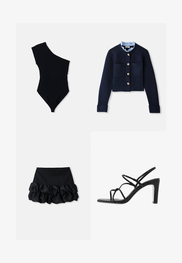 Marineblauwe korte cardigan met twee voorkruiszakken, gouden knopen en een lichtblauwe gerimpelde kraag. Gemaakt van ribbelstof.; Zwarte zwemoverall met een schouderontwerp, textuur ribbelstof, hoge uitsnijdingen bij de benen en een aansluitende silhouet.; Zwarte mini-jurk met een aansluitende top en drie lagen ruches aan de onderkant, met een gladde textuur en strakke lijnen.; Zwarte hoge sandalen met dunne banden, een gestructureerde afwerking, open teen en een slank, puntig hakontwerp. Beschikt over een gladde inlegzool en een glanzend oppervlak.