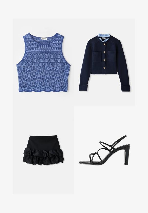 Jūrų mėlynos spalvos trumpas kardiganas su dviem priekinėmis kišenėmis, auksiniais mygtukais ir šviesiai mėlynu volaniniu apykakle. Pagamintas iš raukšlėtos tekstūros medžiagos.; Apkarpytas tank top'as mėlynos spalvų atspalvių, su tekstūriniais zigzag ir bangų raštais, su apvaliu kaklu ir baigtu kraštu.; Juoda mini sijonas su prigludusia viršutine dalimi ir trimis raukšlėto audinio sluoksniais apačioje, su lygiu paviršiumi ir švariais kontūrais.; Juodi aukšti sandalai su plonomis dirželėmis, tekstūruotu paviršiumi, atvira kojų pirštų dalimi ir elegantišku, smailiu kulnu. Yra lygus įdėklas ir blizgus paviršius.