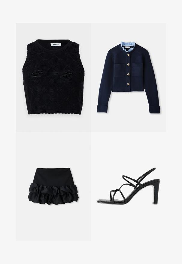 Marinefarbener, kurz geschnittener Cardigan mit zwei Fronttaschen, goldenen Knöpfen und einem hellblauen Rüschensaum. Aus geripptem Material gefertigt.; sandro Top - noir; Schwarzer Minirock mit tailliertem Oberteil und drei Lagen aus gerafftem Stoff am Saum, mit glatter Textur und klaren Linien.; Schwarze Absatzsandalen mit dünnen Riemen, strukturiertem Finish, offener Zehenpartie und einem eleganten, spitzen Absatzdesign. Verfügt über eine glatte Innensohle und eine glänzende Oberfläche.