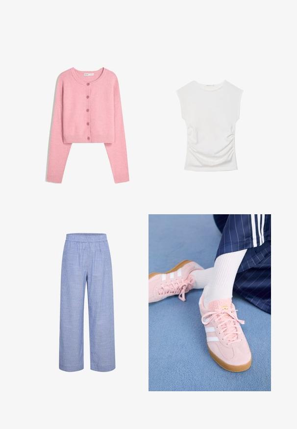Jasnoróżowy krótki kardigan wykonany z miękkiego materiału, z długimi rękawami, okrągłym dekoltem i sześcioma dopasowanymi guzikami z przodu. Prążkowane mankiety i dół.; Biały bezrękawnik z okrągłym dekoltem i delikatnym marszczeniem po bokach, ułożony płasko na białym tle.; Jasnoniebieskie, pasiaste spodnie szerokie z elastycznym pasem. Wykonane z przewiewnego materiału, charakteryzują się gładką, miękką teksturą oraz swobodnym krojem.; Jasnoróżowe zamszowe sneakersy z białymi paskami i sznurówkami, z teksturowanym językiem i gumową podeszwą, umieszczone na niebieskim dywaniku.