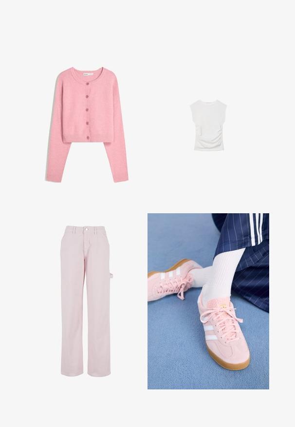 Svetlo roza skrajšani kardigan iz mehke tkanine z dolgimi rokavi, okroglo ovratnikom in šestimi usklajenimi gumbi spredaj. Rebričasti manšeti in spodnji rob.; Bela kratka majica s kratkimi rokavi in okroglim izrezom. Ima nabran teksturo ob straneh in prilegajočo silhueto, izdelana iz mehke, raztegljive tkanine.; Svetlo roza bombažni hlače s ravnim krojem, z gumbom za zapiranje in stranskim žepom za tovor. Gladka tekstura in minimalni oblikovalski detajli.; Svetlo roza antilopni športni copati z belimi črtami in vezalkami, z teksturirano jezičko in gumo podplatom, postavljeni na modrem tepihu.