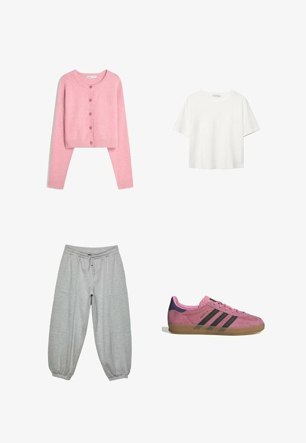Ljusrosa kort cardigan gjord av mjukt tyg med långa ärmar, rund hals och sex matchande knappar framtill. Ribbad muddar och nederkant.; Vit t-shirt med kort ärm i bomull. Har en rundad halsringning och en avslappnad passform. Slät textur utan synliga mönster eller detaljer.; Ljusgrå joggerbyxor i mjukt material, med elastisk midja, snörning och elastiska avslut, samt sidofickor.; Rosa mockasnöre med svarta ränder, gummsula och texturerad lila häl. Har en snörningsdesign och prägling på sidan.