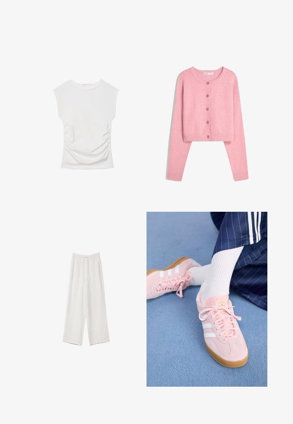 Light pink cropped cardigan made of soft fabric with long sleeves, round neck, and six matching buttons down the front. Ribbed cuffs and hem.; White sleeveless top with round neckline and subtle side ruching, displayed flat against a white background.; White wide-leg trousers made from a lightweight fabric. Features an elastic waistband with a drawstring and side pockets. Smooth texture.; Light pink suede sneakers with white stripes and laces, featuring a textured tongue and a gum sole, placed on a blue carpet.