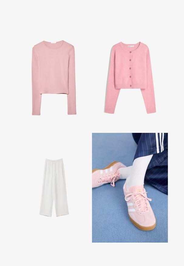 Vaaleanpunainen lyhyt neuletakki, joka on valmistettu pehmeästä kankaasta. Siinä on pitkät hihat, pyöreä kaulus ja kuusi vastaavaa nappia edessä. Ribbaustikkaat hihansuissa ja helmassa.; Pitkät hihat, lyhyt toppi pehmeästä vaaleanpunaisesta kankaasta, jossa on pyöreä pääntie ja yksinkertainen muotoilu, ilman näkyviä kuvioita tai koristeita.; Valkoiset leveälahkeiset housut kevyestä kankaasta. Ominaisuuksiin kuuluu elastinen vyötärö, jossa on nauhakuuluma ja sivutaskut. Sileä rakenne.; Vaaleanpunaiset mokkanahkakengät, joissa on valkoiset raidat ja nauhat, varustettuna tekstuurilla olevalla kielillä ja kumipohjalla, asetettuna siniselle matolle.