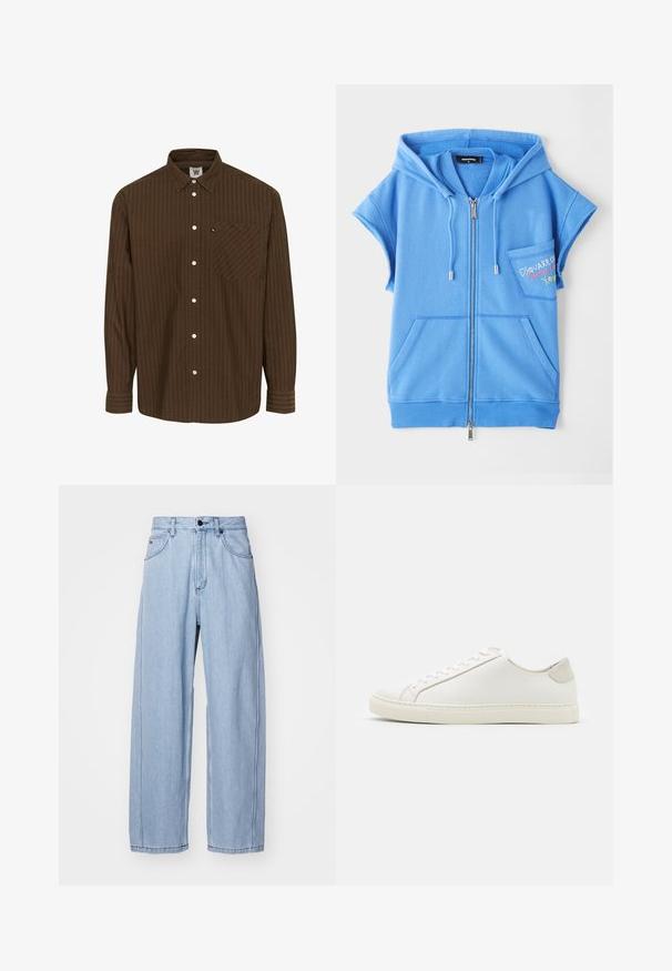 Gilet à capuche zippé bleu en tissu doux, avec une poche frontale, des manches courtes et un texte brodé sur la poitrine.; Chemise à boutons rayée marron avec un col, des manches longues et une poche poitrine ; présente des boutons blancs et un tissu texturé.; Jeans en denim bleu clair avec une coupe évasée, dotés de poches avant, d'une fermeture par bouton et de coutures détaillées le long des coutures.; Baskets en cuir blanc avec une surface lisse, bout rond et design minimaliste. Présentent des accents beiges sur le talon et une semelle en caoutchouc.