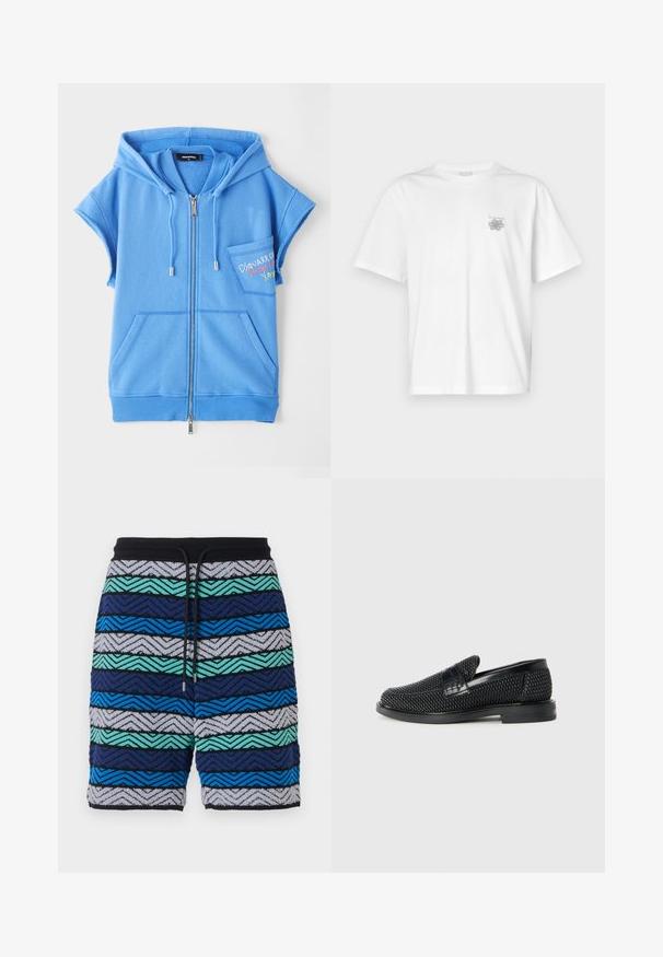 Blå zip-up hoodie väst tillverkad av mjukt material, med en framficka, korta ärmar och broderad text på bröstet.; Vit t-shirt i bomull med korta ärmar, rund hals och en liten grå logotyp på vänster bröst. Slät textur.; Flerfärgade shorts med ett zick-zack-mönster i nyanser av marinblått, blått, grönt och grått. Har en svart midja med dragsko.; Svart vävd slip-on sko med en slät läderdetalj på ovansidan, med rund tådesign och en låg gummisula.