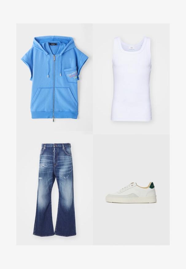 Sininen vetoketjullinen huppari, joka on valmistettu pehmeästä kankaasta. Siinä on etutasku, lyhyet hihat ja brodeerattu teksti rinnassa.; Valkoinen puuvillainen hihaton toppi, jossa on pyöreä pääntie. Topissa on sileä pinta ja se on muotoiltu istuvaksi, suunniteltu rentoon käyttöön.; DSQUARED2 ICON EROS - Relaxed fit -farkut - navy blue; Valkoiset tennarit, joissa on nahkaosia, pyöreä kärki, tasaiset nauhat ja kermaisa kumi-pohja. Takana vihreä brändäys.