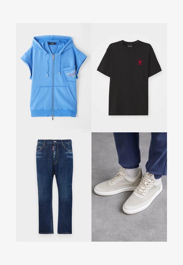 Mėlynas užtrauktuku užsegamas liemenės tipo džemperis, pagamintas iš minkštos medžiagos, su priekinėmis kišenėmis, trumpomis rankovėmis ir įsiūtu tekstu ant krūtinės.; Juodas medvilnės marškinėliai su apvaliu kaklu ir trumpomis rankovėmis; krūtinės srityje yra raudona siuvinėta "Emporio Armani" logotipas ir širdelė.; Tamsiai mėlynos džinsinės kelnės su tiesiu kirpimu, turinčios šviesių blukimo dėmių, geltonas siūles, priekines kišenes ir sagčio užsegimą.; Beige spalvų sportbačiai su tekstūruotu paviršiumi, apvaliu galiuku, su raišteliais ir minimalistišku dizainu. Balta padu su šviesiai tan detalėmis. Dėvimi su tamsiai mėlynomis kelnių kelnėmis.