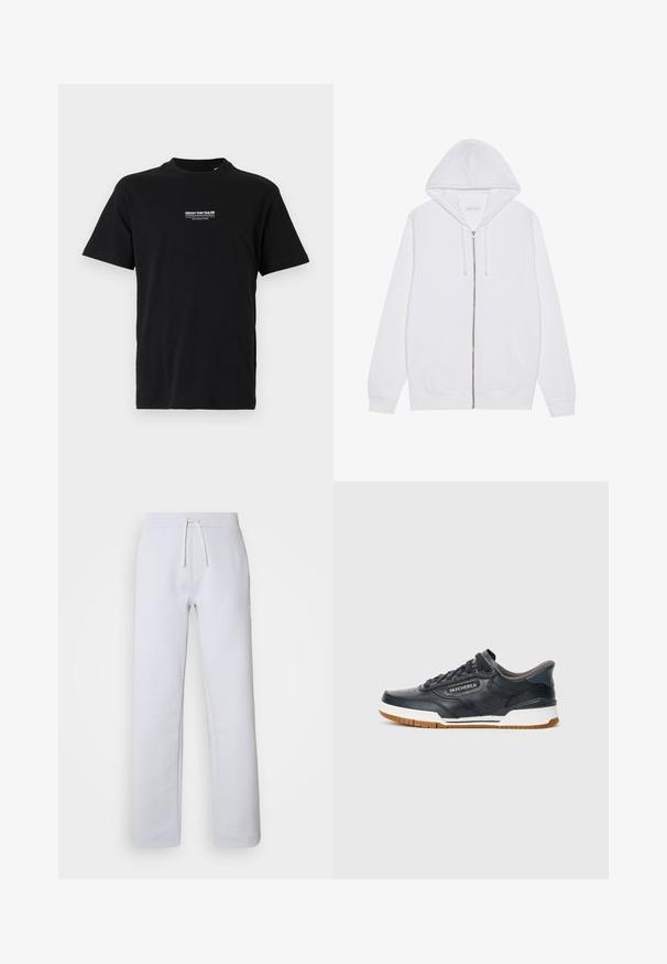 Bílá mikina na zip vyrobená z kombinace bavlny. Má přední kapsy, kapuci se stahovací šňůrkou a žebrované manžety a lem. Hladká textura.; Černé bavlněné tričko s kulatým výstřihem, krátkými rukávy a malým bílým potiskem loga na levé hrudi. Jednoduchý střih, bez dalších vzorů.; Světle šedé kalhoty rovného střihu vyrobené z měkké tkaniny, s elastickým pasem a šňůrkou na stažení. Mají boční kapsy a jemnou pruhovanou texturu.; Černé nízké tenisky Skechers s bílou mezipodešví, hnědou podrážkou, šněrováním a logem značky na boku, vystavené na jednoduchém pozadí.