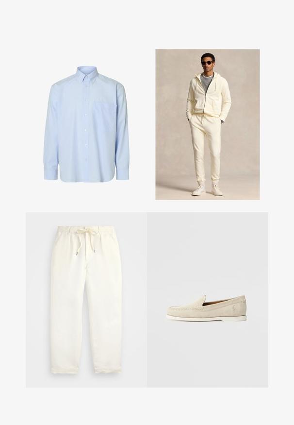 Kremo spalvos užsegama su užtrauktuku laisvalaikio striukė su raišteliais, derinama su derančiomis sportinėmis kelnėmis. Dėvima ant pilkos marškinėlių, užbaigta baltais sportiniais bateliais ir akiniais nuo saulės.; Šviesiai mėlynas ilgomis rankovėmis mygtukais užsegamas marškinys su baltais vertikaliais dryžiais, vienu krūtinės kišenės sijonu ir klasikiniu apykaklės dizainu. Lygi audinio tekstūra.; Šviesiai kreminės spalvos, laisvalaikio kelnės iš minkštos medžiagos. Turi elastinį juosmenį su raišteliais ir siaurėjantį kojų dizainą.; Polo Ralph Lauren MERTON VENETIAN LOAFER - Mokasinai - milkshake