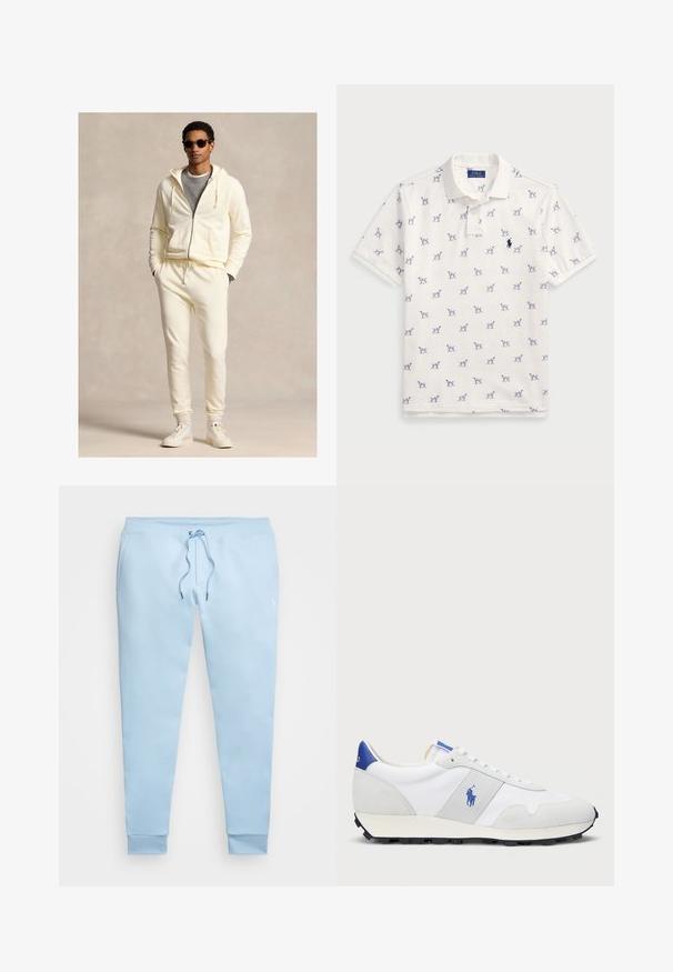 Kremfarget hettejakke med glidelås og snor, sammen med matchende joggebukser. Brukt over en grå skjorte, fullført med hvite joggesko og solbriller.; Hvit polo skjorte laget av bomull, med et gjentatt blått hundemønster og en liten blå logo på brystet. Kortermet og med krage.; Lys blå joggebukser med elastisk midje, justerbar snor og mansjettfletter. Laget av myk stoff med en liten logodetalj.; Hvit trening sneaker med grå semsket skinn-accents, mesh-overdel, blå hælflik og svart gummi såle. Har snøring og logo.