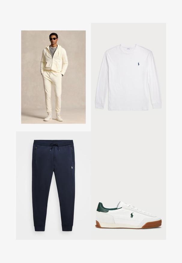 Kremfarget hettejakke med glidelås og snor, sammen med matchende joggebukser. Brukt over en grå skjorte, fullført med hvite joggesko og solbriller.; Hvit langermet T-skjorte laget av bomull. Har rund hals, ribbestrikkede mansjetter, og en liten marineblå polo-logo på venstre bryst.; Marine joggebukser laget av myk bomullsmiks, med justerbar midje, glidelåslommer og en liten logo på venstre lår.; Hvite sneakers med grønne lærdetaljer og en tan gummisåle. Har en stoffoverdel og en fremtredende logo på siden. Snøring.