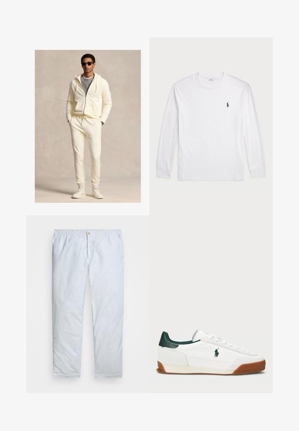 Kreemivärvi lukuga kapuutsiga pusa nööriga, sobitatud sama värvi dressipükstega. Kandes halli särgi peal, täiendatud valgete tossude ja päikeseprillidega.; Valge pika varrukaga T-särk, millel on puuvillane kangas. Omab ümmargust kaelust, soonikuid mansette ja väikest tumesinist polo logo vasakul rinnaosas.; Heledadsin sinised triibulised püksid, mis on valmistatud kergest kangast. Omavad elastset vööd nupuga kinnitamiseks ja sirgeid sääri.; Valged spordijalatsid roheliste nahkaaktsentidega ja pruunist kummist tallaga. Omab kangast keha ja silmapaistvat logo küljel. Käärimisdisain.