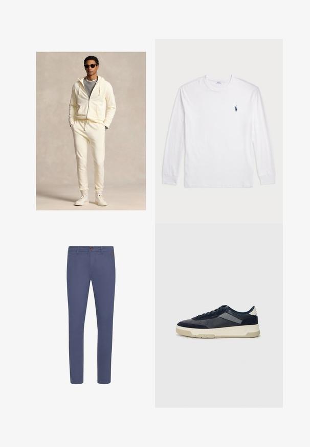 Krämfärgad zip-up hoodie med dragsko, matchad med joggers i samma färg. Bärs över en grå skjorta, kompletterad med vita sneakers och solglasögon.; Vit långärmad T-shirt tillverkad av bomull. Har en rund halsringning, ribbade ärmslut och en liten marinblå polo-logotyp på vänster bröst.; Slim-fit, marinblå chinos gjorda av en bomullsblandning, med knappstängning, sidofickor och minimala sömnadsdetaljer.; BOSS BALTIMORE - Sneakers - open blue